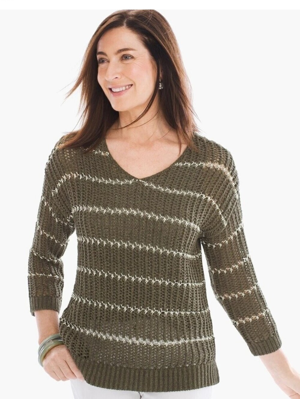Chico's Olive and Cream Striped V-Neck Knit Sweater Size 3 XL